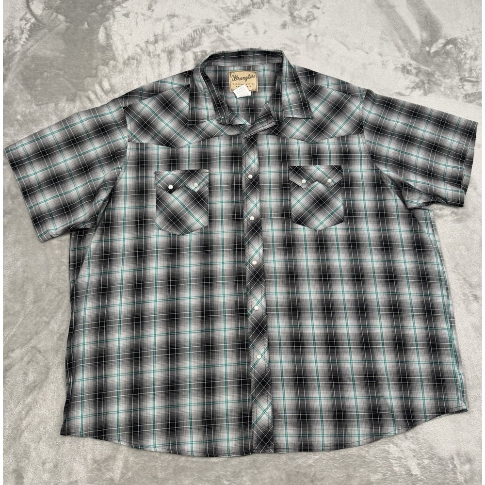 Vintage Wrangler Pearl Snap Shirt Mens 3XL XXXL Black Green Plaid Cowboy Western